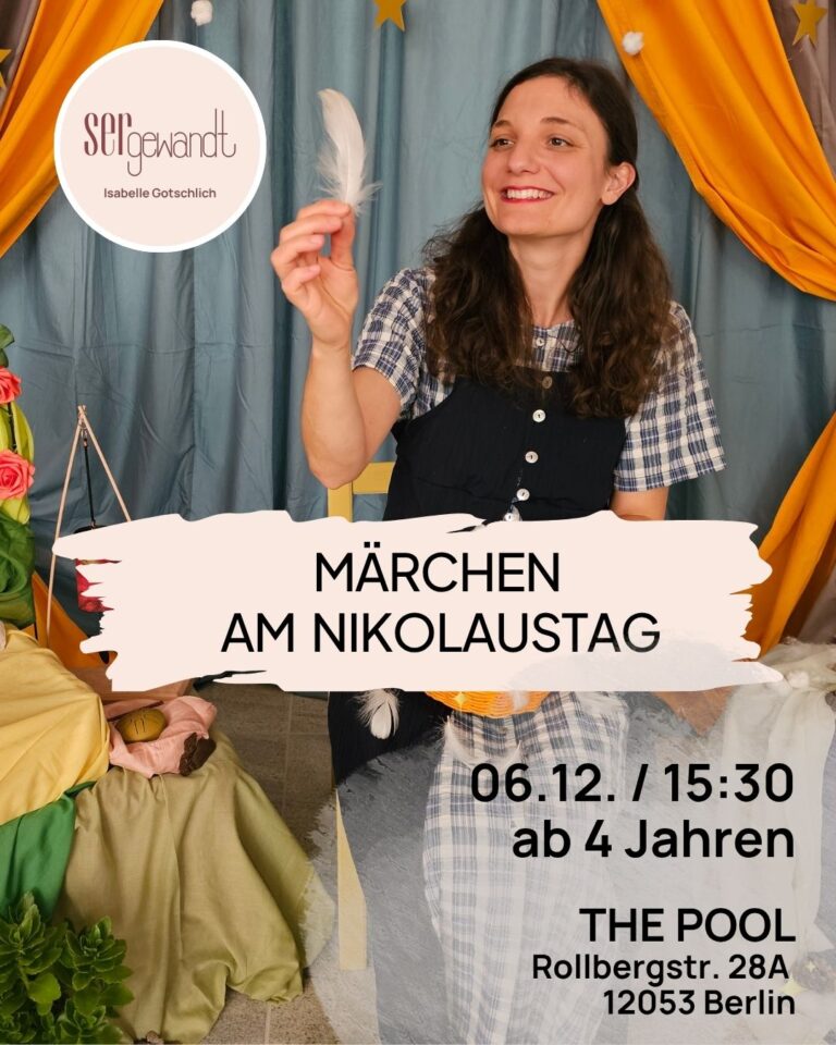 Plakat für einen märchenhaften Erzählnachmittag für Familien mit Kindern ab 4 Jahren in Berlin am Nikolaustag